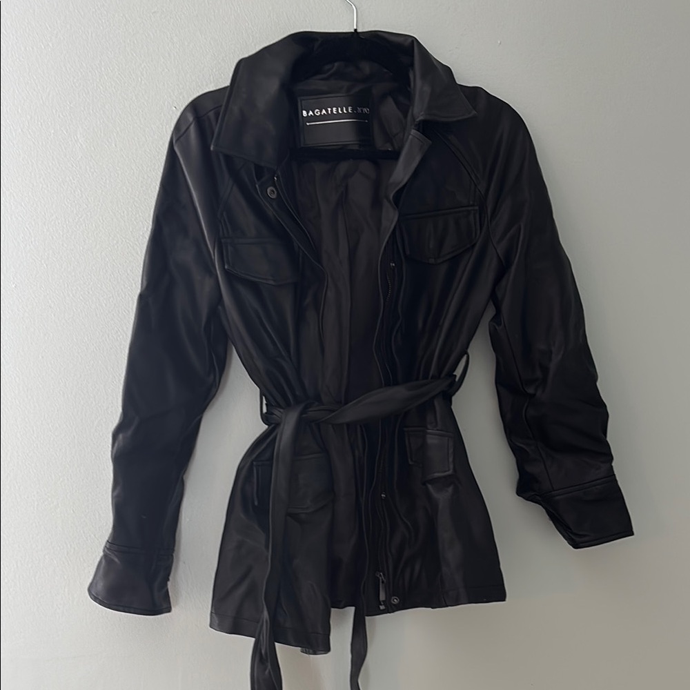 Bagatelle black leather jacket with tie waist belt